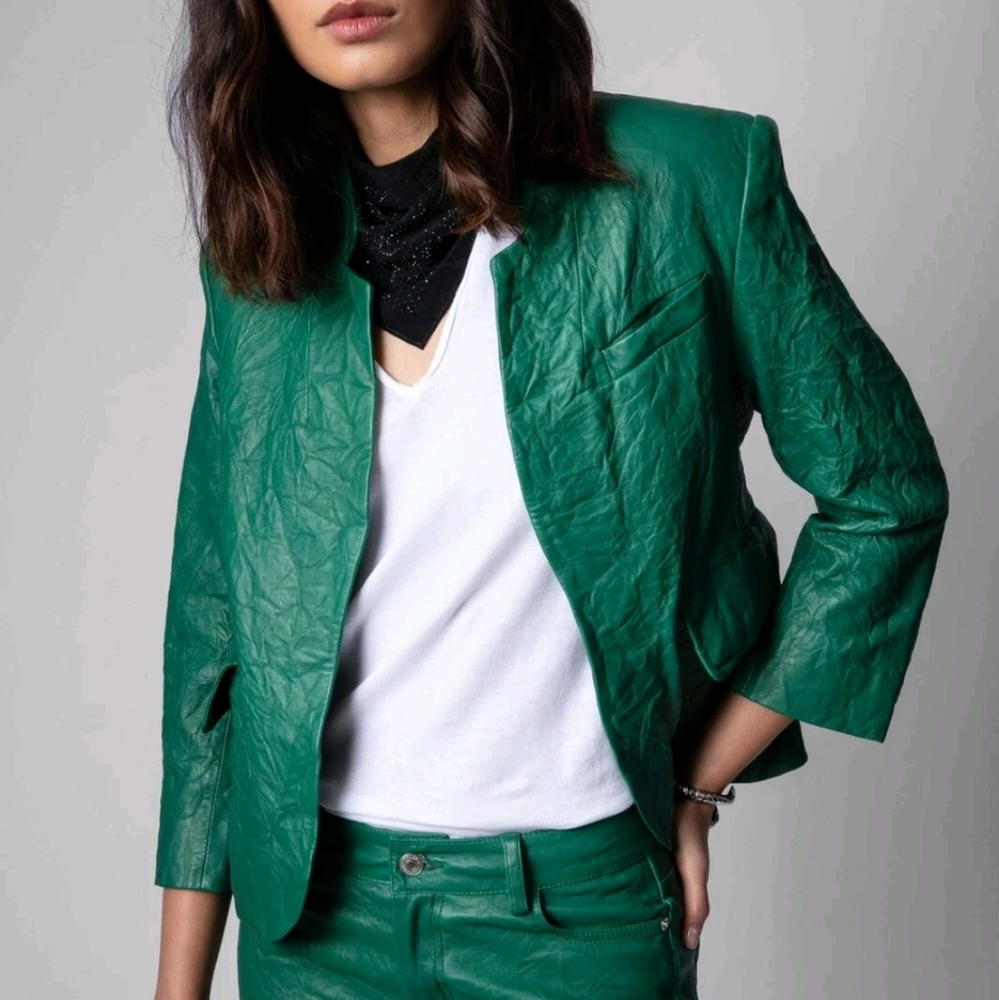 Zadig & Voltaire Verys Crinkled Leather Jacket Green Size FR 34/ US XS Leather